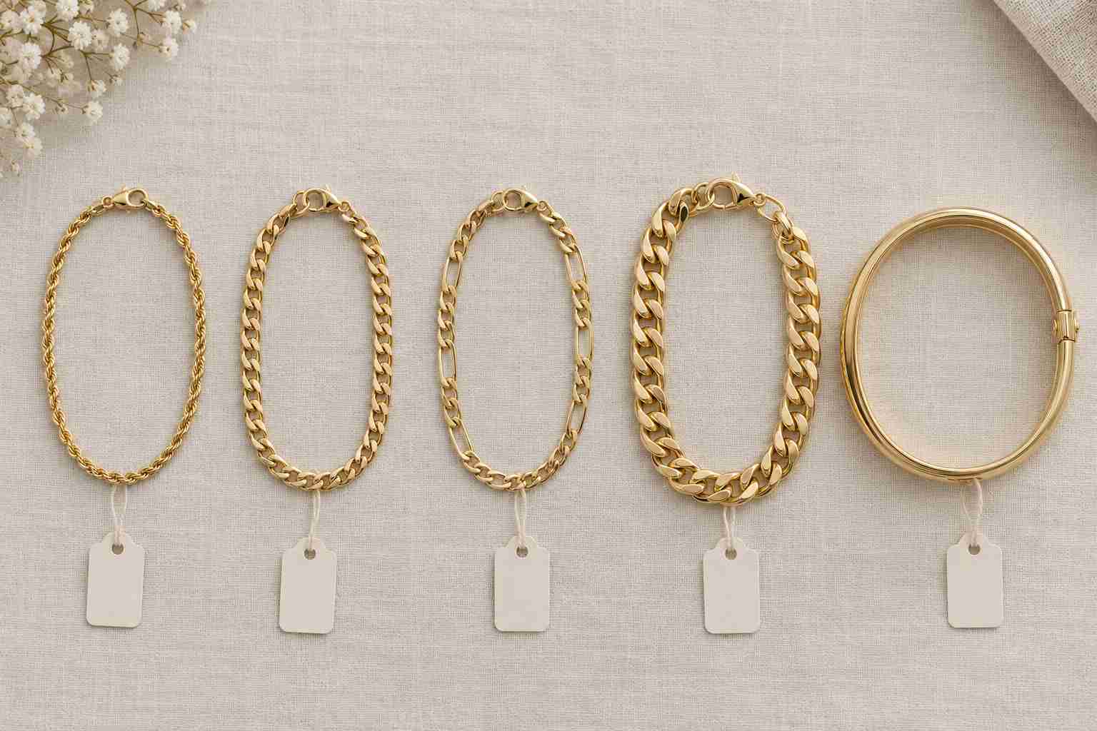 Five 14K gold bracelet styles from a fine rope chain to a heavy Cuban link and a solid bangle