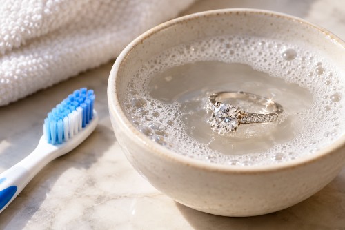 A diamond ring soaking in warm soapy water for at-home cleaning