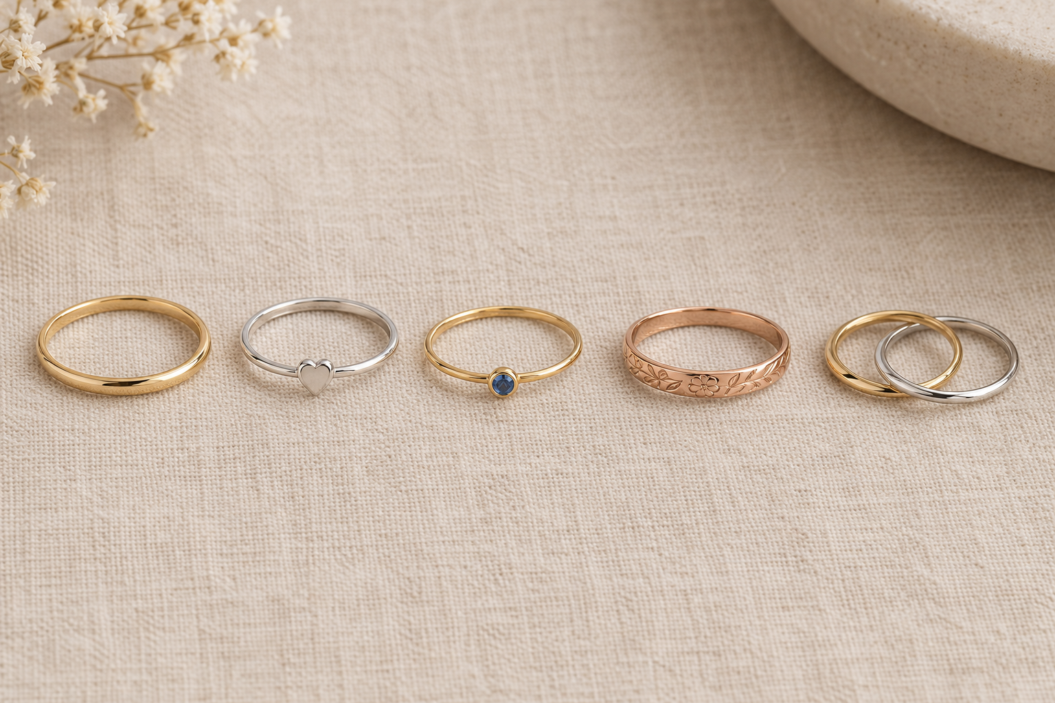 Five promise ring styles plain gold band silver heart ring birthstone band engraved rose gold band and interlocking bands
