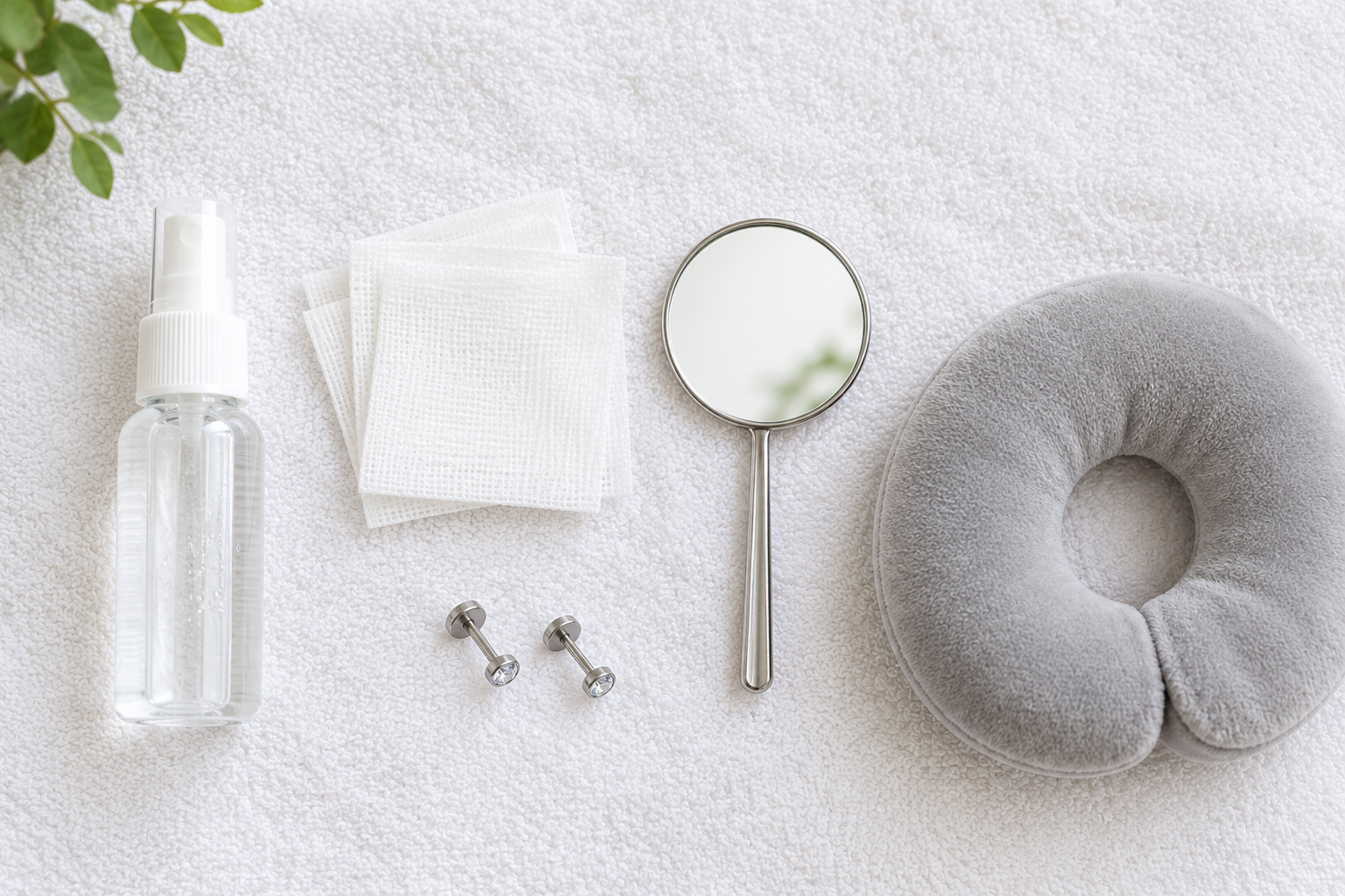 Ear piercing aftercare items saline spray gauze titanium studs and a piercing pillow