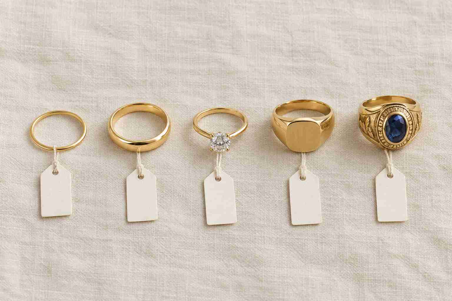 Five types of 14K gold rings from a thin stacking band to a heavy mens class ring
