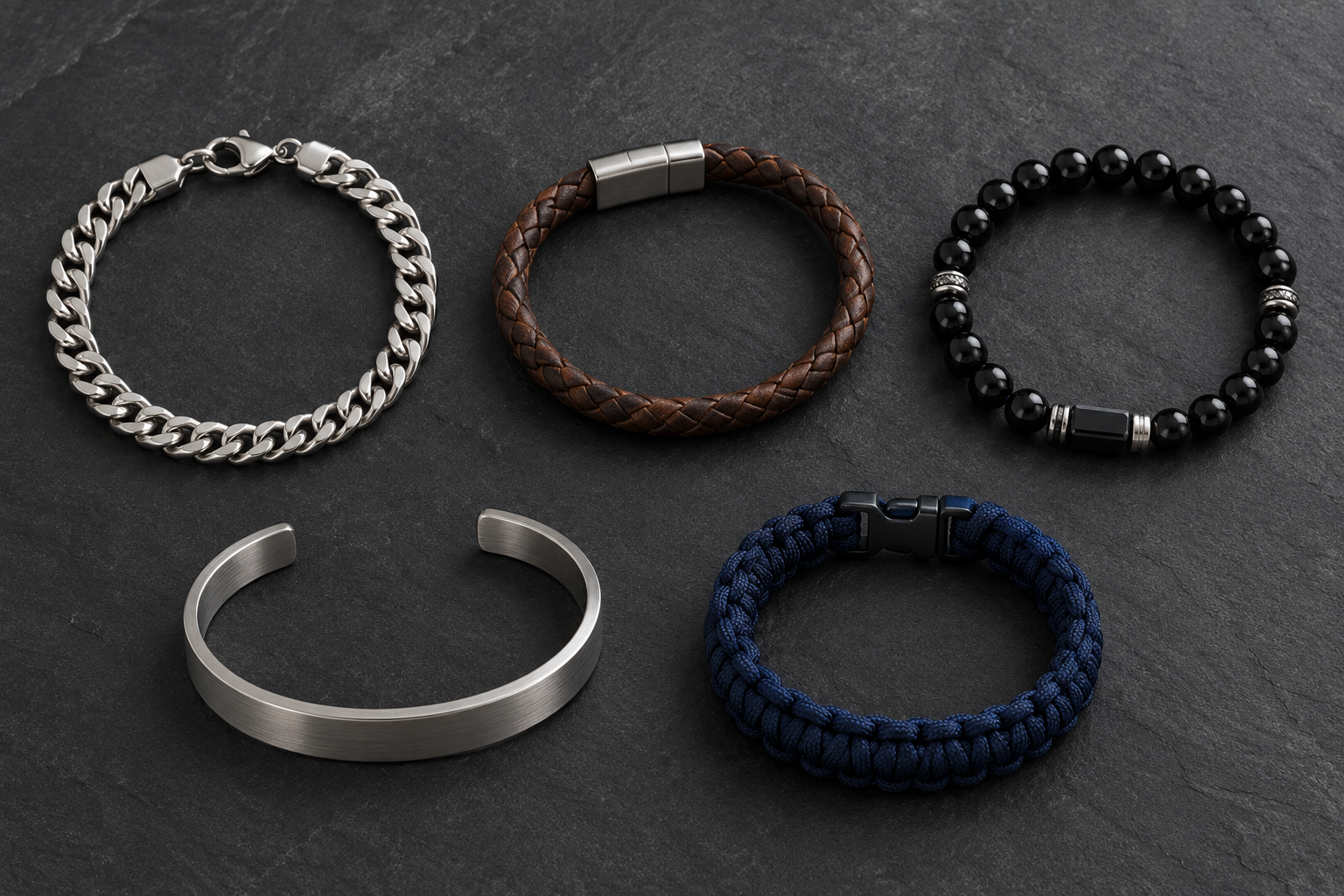 Five mens bracelet styles silver chain leather band onyx beads steel cuff and paracord