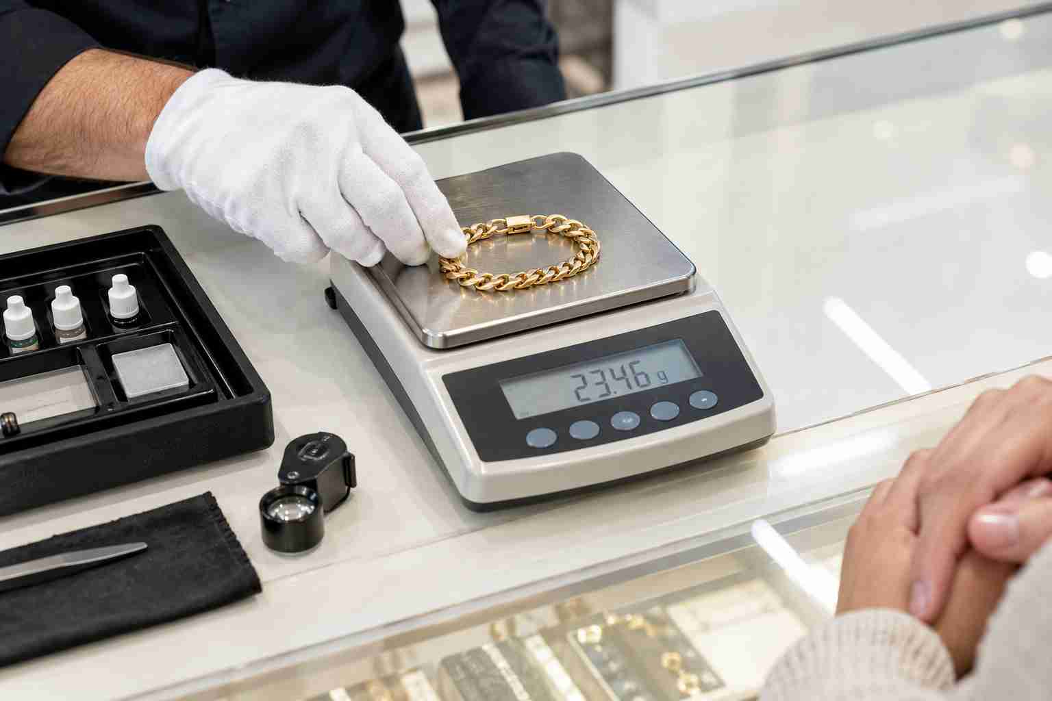 Gold buyer weighing a 14K gold bracelet in front of the customer before making an offer