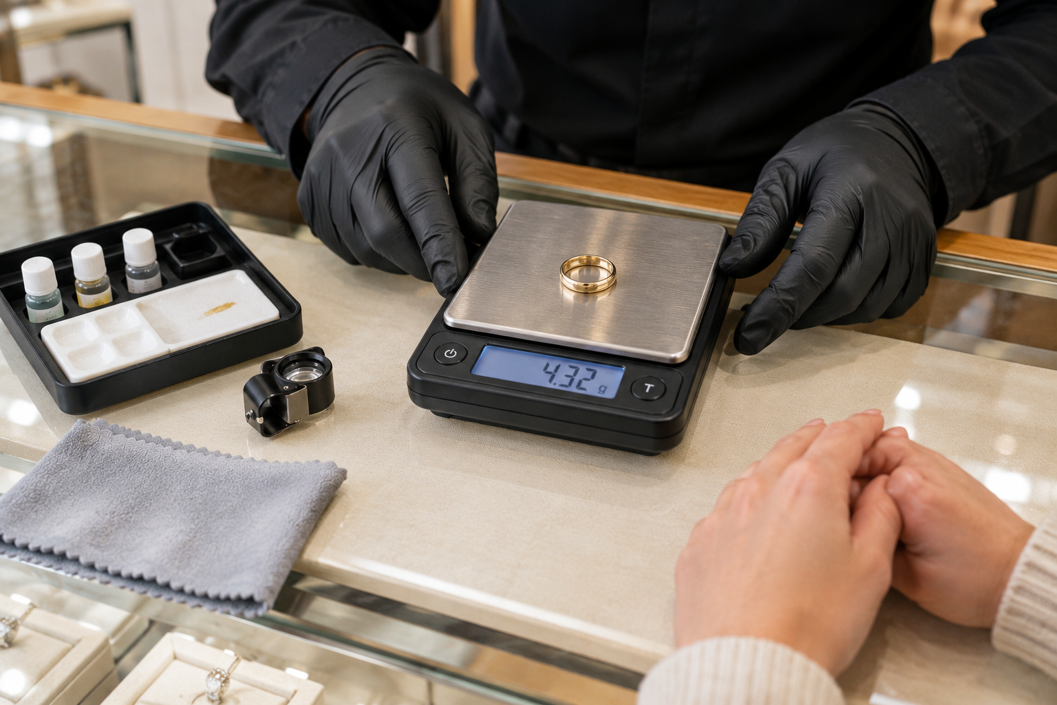 Gold buyer weighing a 14K gold wedding ring in front of the customer before making an offer