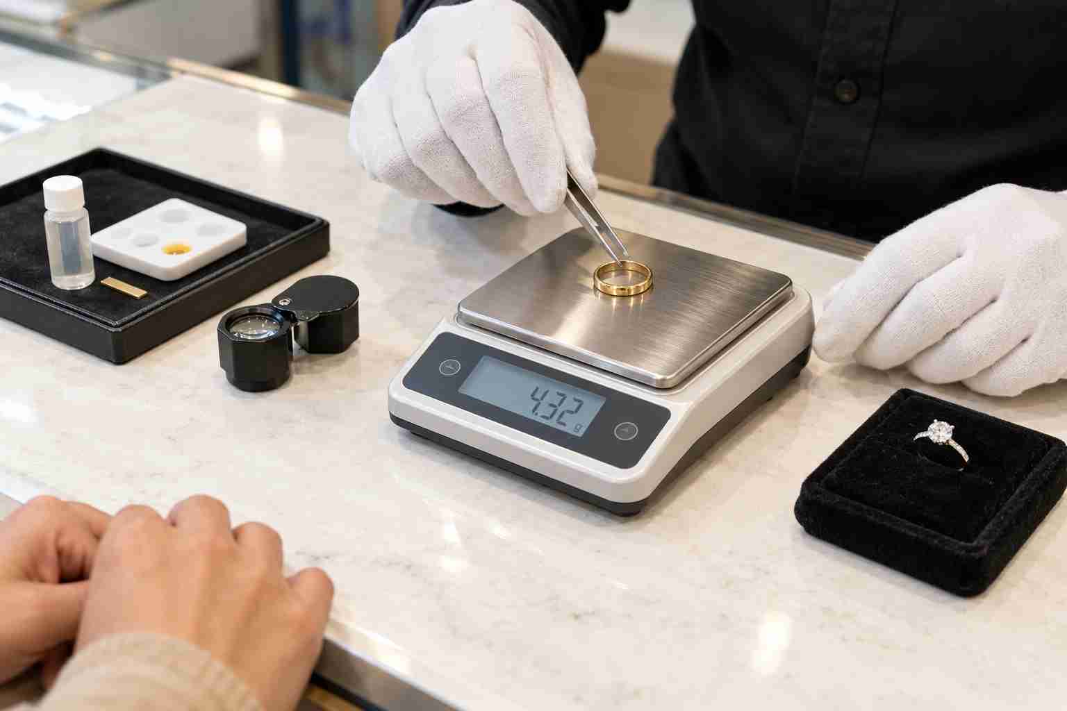 Gold buyer weighing a 14K gold ring in front of the customer before making an offer