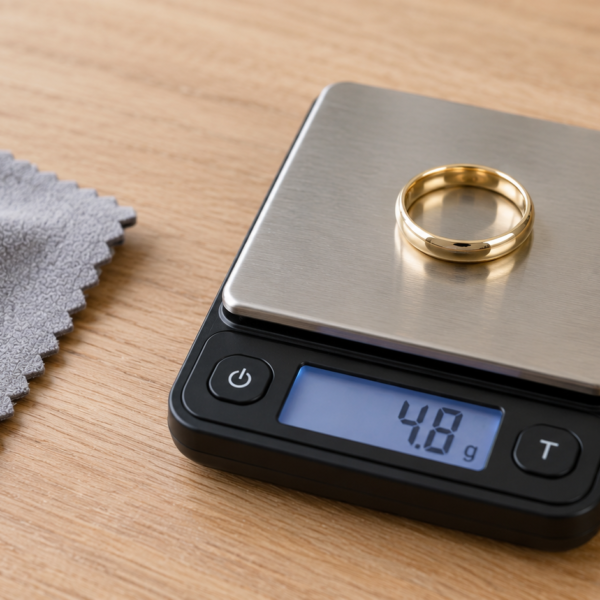 14K gold wedding band on a digital jewelry scale to calculate its gold value