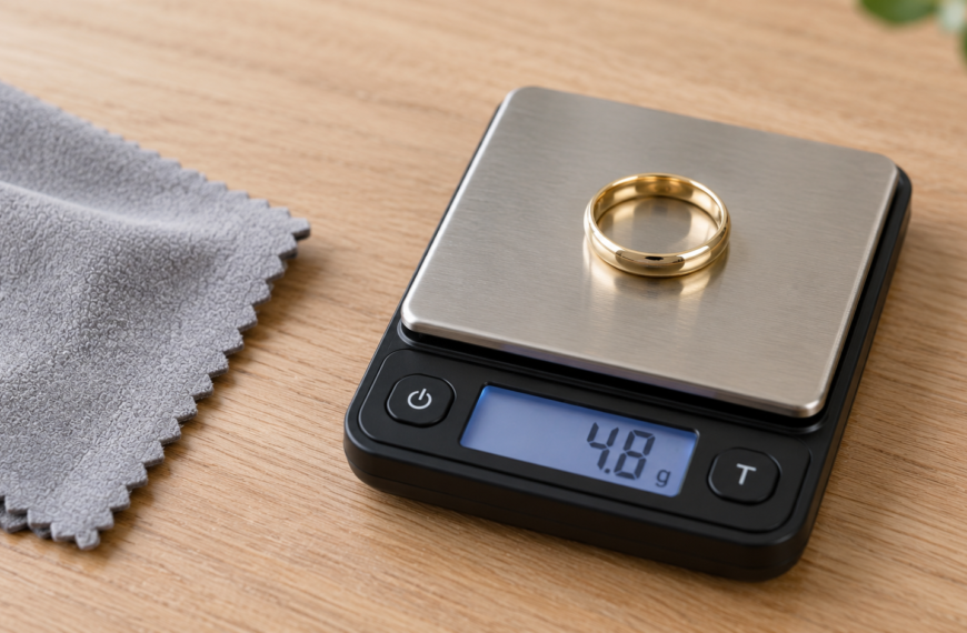 14K gold wedding band on a digital jewelry scale to calculate its gold value
