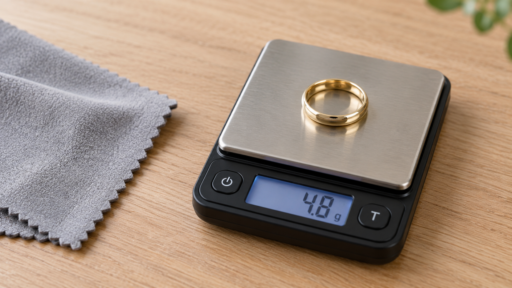 14K gold wedding band on a digital jewelry scale to calculate its gold value