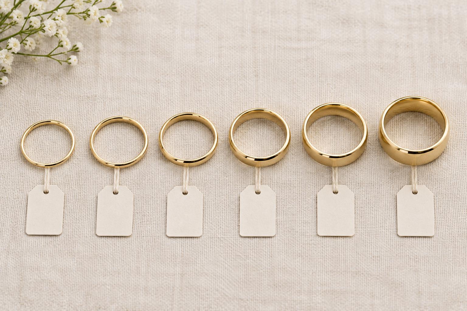 Six 14K gold wedding bands from 2 mm to 8 mm wide showing how width affects weight and value