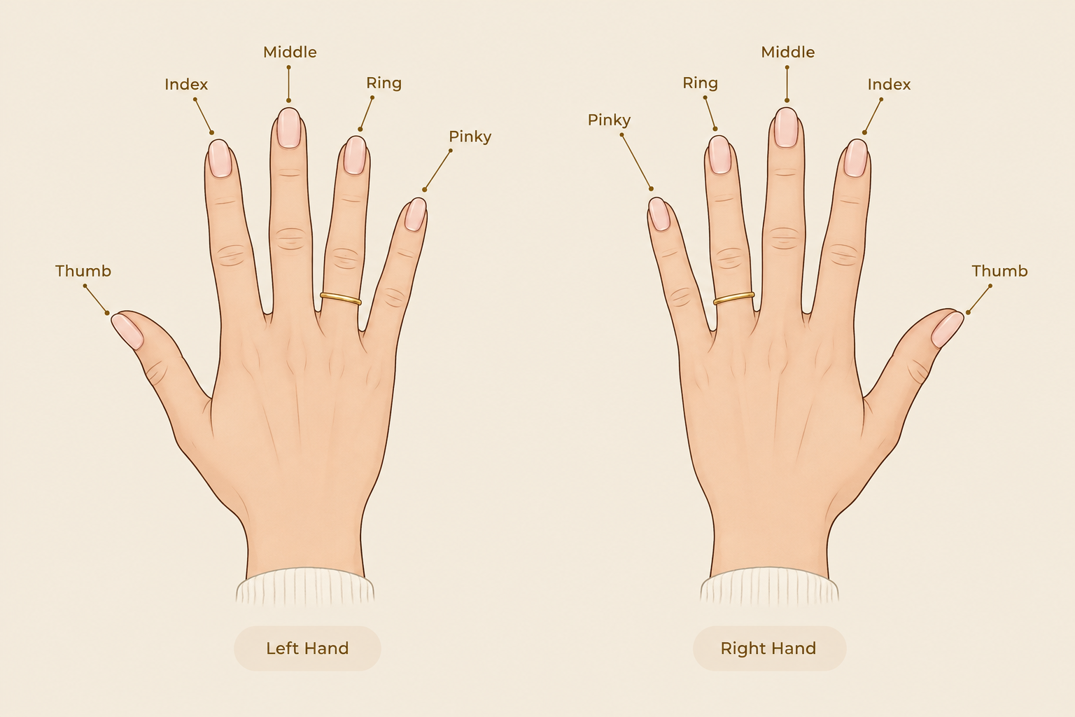 Diagram of both hands showing each finger name and promise rings on the ring fingers