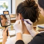 Jewelry store associate marking earlobe placement before ear piercing while customer checks the spot in a mirror