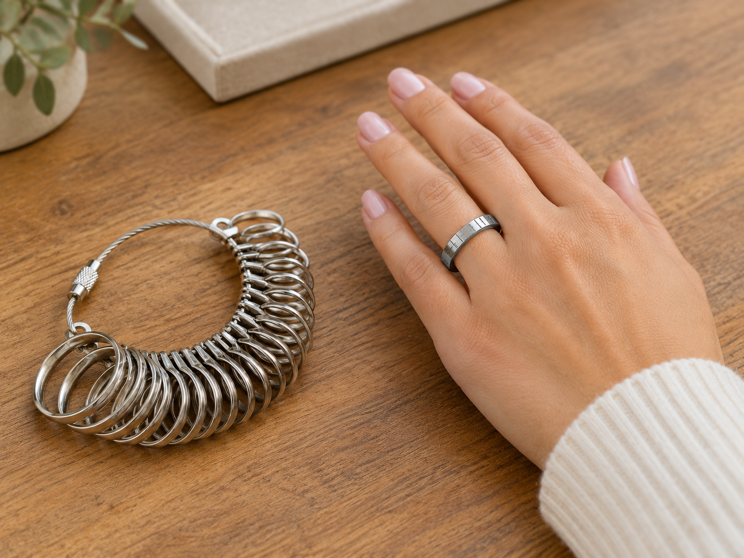 Ring sizer tool being used to measure the ring finger for a promise ring