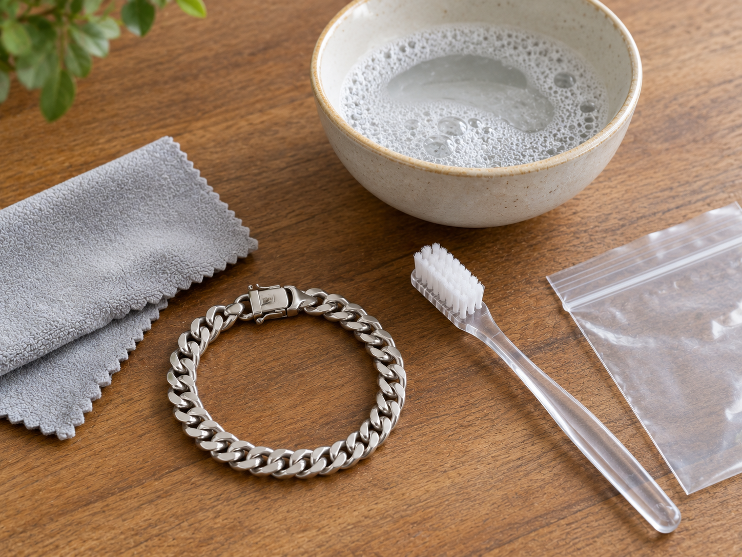 Cleaning a mens silver bracelet with a soft cloth toothbrush and soapy water