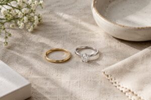 Slim promise ring next to a diamond solitaire engagement ring on linen, showing the size and design difference