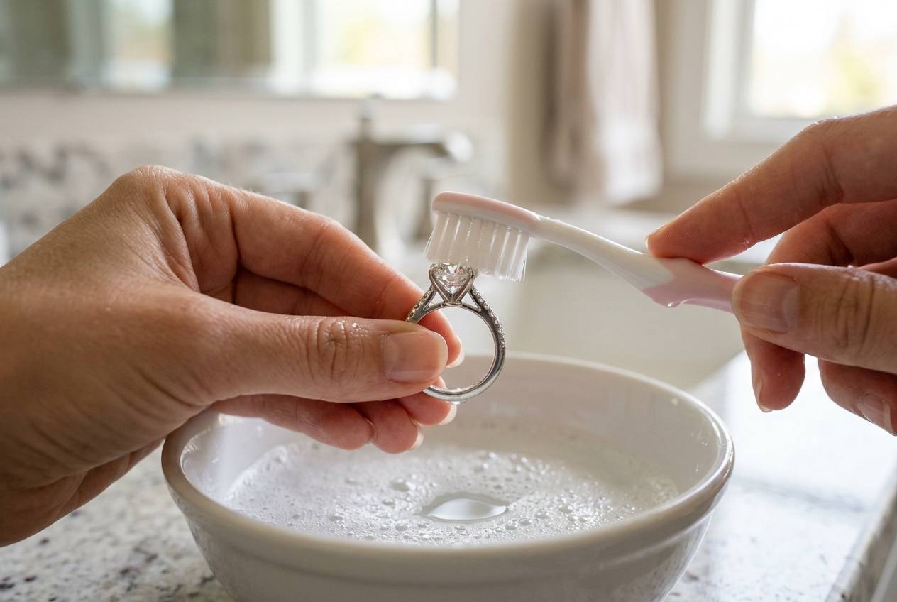 Gently brushing behind a diamond and between the prongs with a soft toothbrush