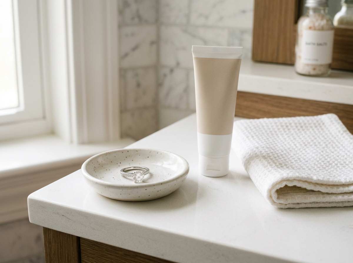 Diamond ring placed in a ring dish before applying hand cream to keep it clean longer