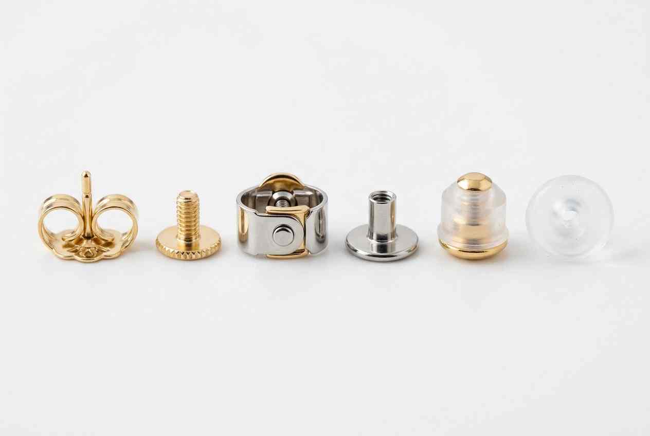 Six types of earring backs butterfly screw locking flat back bullet and silicone