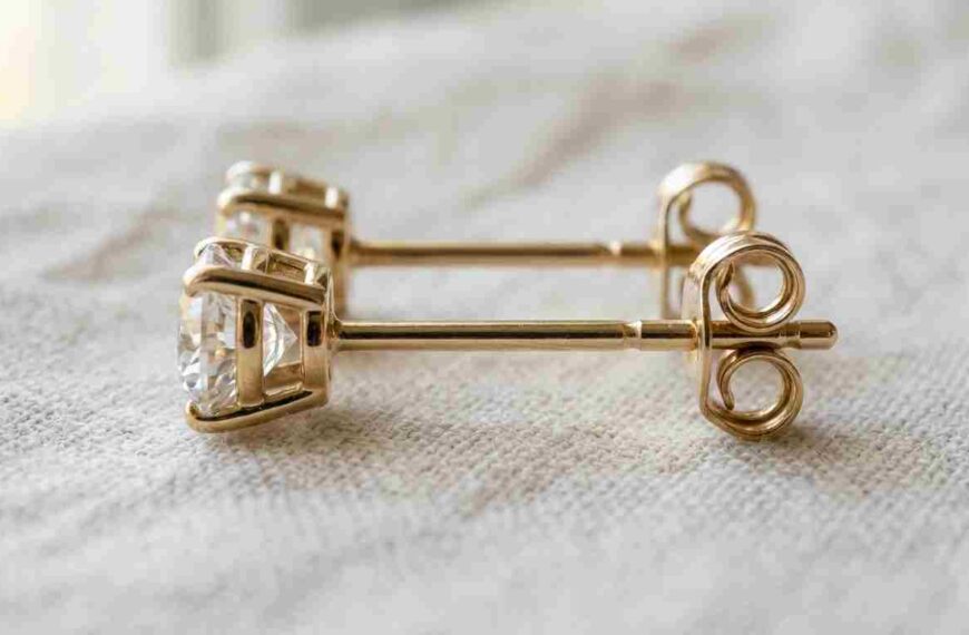 Gold diamond post earrings showing the straight post and butterfly back