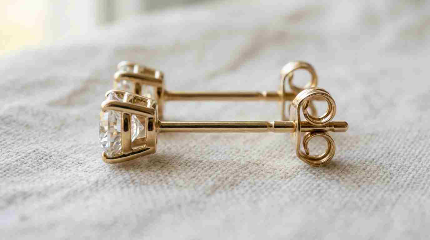 Gold diamond post earrings showing the straight post and butterfly back